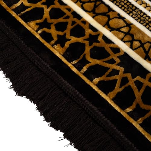 Modefa Turkish Islamic Prayer Rug - Comfortable Muslim Praying Mat for Men & Women - Soft Velvet Janamaz Praying Carpet - Ramadan or Eid Gift - with Kufi Prayer Cap - Plush Saray (Black/Gold)