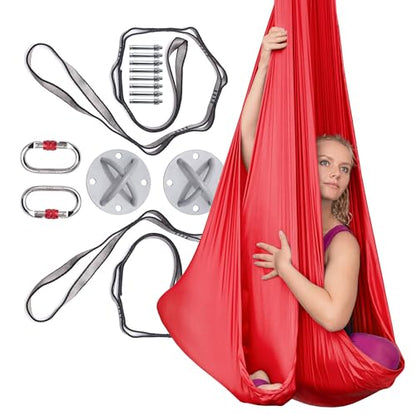 AyuHome Aerial Silks Kit for Home - Premium Yoga Swing for Adults with 660 lbs Capacity - Versatile Aerial Yoga Hammock for Gymnastics Training - color: Aerial silk - Red - New
