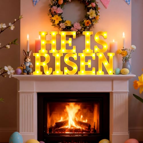 Aurelema He is Risen Large LED Lights Easter Decorations for Bedroom Living Room Religious Decor Church Celebration Battery Powered Easter Party Supplies - size: 8.27 inches, style: Easter