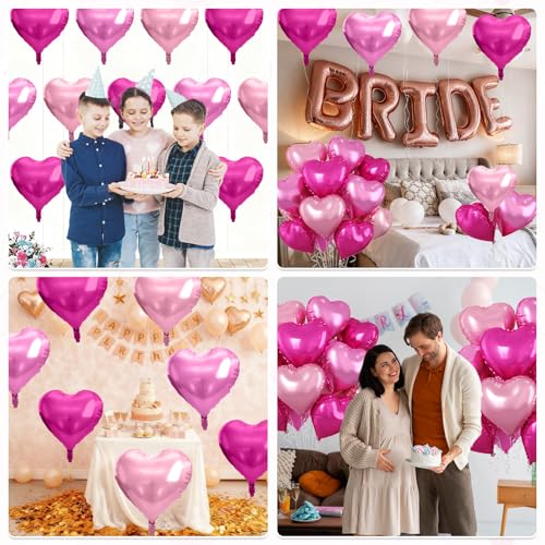 Hot Pink Heart Balloons, 10PCS Rose Foil for Girls Birthday Valentine Party - color: Hot Pink Light Pink