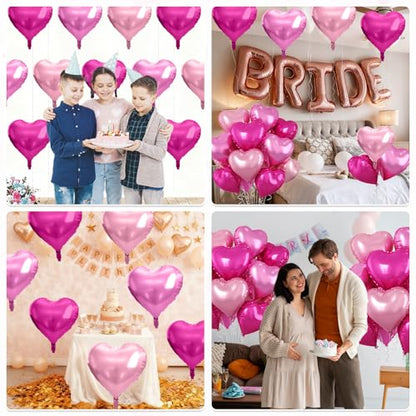 Hot Pink Heart Balloons, 10PCS Rose Foil for Girls Birthday Valentine Party - color: Hot Pink Light Pink