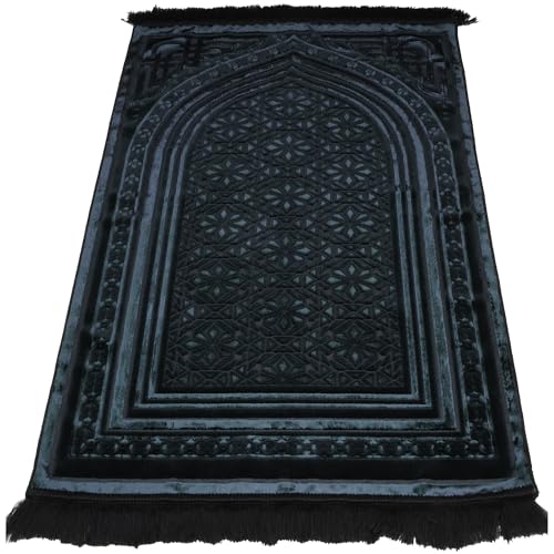 Modefa Luxury Velvet Prayer Rug with Prayer Beads | Soft Elegant Muslim Turkish Janamaz Sajada Carpet for Men and Women | Plain Solid Prayer Mat Ramadan Eid Gift - Najma (Black) - color: Najma Black