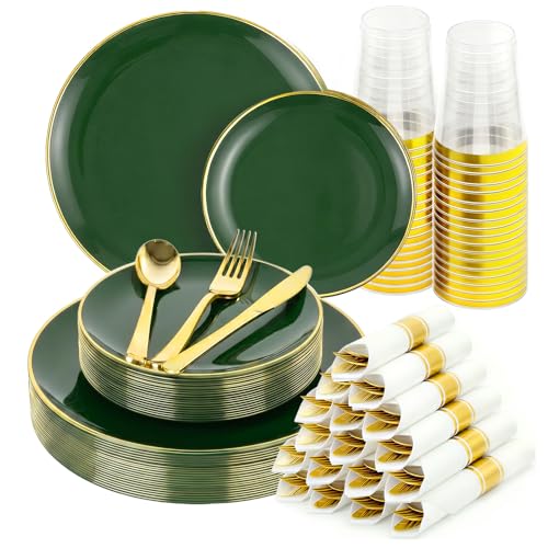 175pcs Plastic Dinnerware Set Green and Gold for 25 Guests - color: Green, size: 175pcs（25guests）