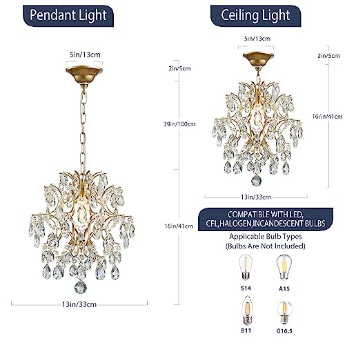 Bestier Gold Modern Pendant Chandelier Crystal Raindrop Lighting Ceiling Light Fixture Lamp for Dining Room Bathroom Bedroom Livingroom entryway 1 E26 Bulbs Required D13 in x H16 in - color: Gold, size: D13" x H16"