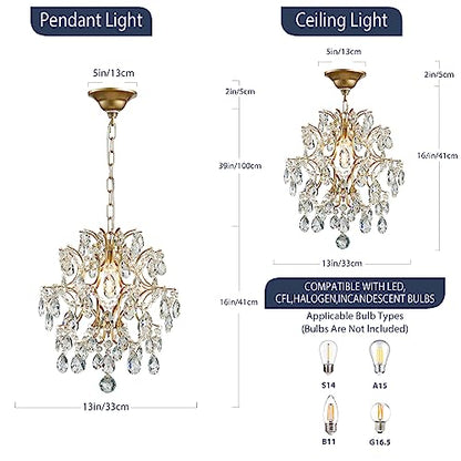 Bestier Gold Modern Pendant Chandelier Crystal Raindrop Lighting Ceiling Light Fixture Lamp for Dining Room Bathroom Bedroom Livingroom entryway 1 E26 Bulbs Required D13 in x H16 in - color: Gold, size: D13" x H16"
