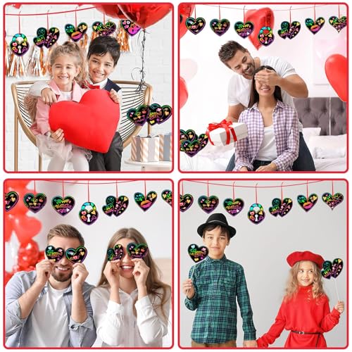 FEBSNOW 48Pcs Valentines Crafts for Kid Heart Rainbow Scratch Paper Art Set | School Classroom Valentines Day Activities, Kids DIY Craft Projects, Magic Hanging Scratch Ornaments, Holiday Party Favors - style: Valentines