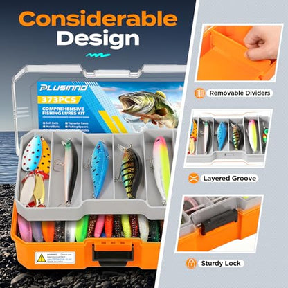 PLUSINNO Bass Fishing Lures Tackle Box Gear Kit with Tackle Included | Waterproof, Compact & Customizable, Bass Trout Fishing Gear Kit, Freshwater Topwater, 16 Rigs, Fishing Gifts for Men Starter - color: Orange 373 PCS Lures Box