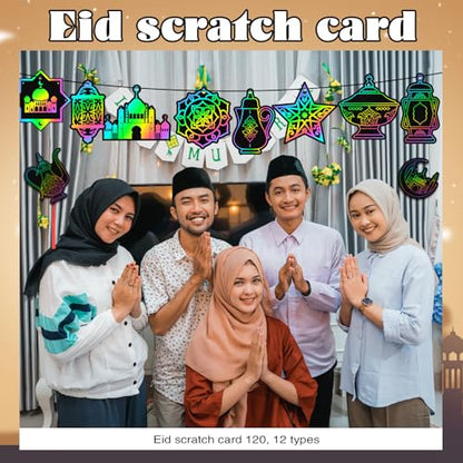 Deekin 120 Pcs Eid Scratch Paper Set Ramadan Crafts Scratch Cards Hanging Ramadan Gifts Eid Magical Party Activities DIY Art Painting Project Supplies