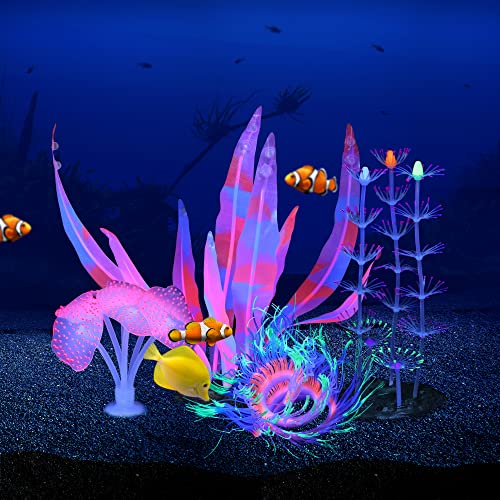 Glowing Fish Tank Decoration Aquarium Plants Accessories Kit #5 | Glowing Effect Fish Tack Decoration Accessories Including Pink Coral Kelp Feather Coral Anemone Plant Aquarium Decor Kit - style: Coral+Anemone+Feather Coral+Kelp