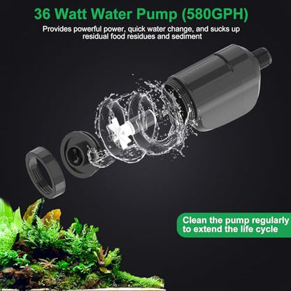 Electric Aquarium Vacuum Gravel Cleaner, 36W Electric Fish Tank Cleaning Tools with Strong Suction for Automatic Water Change Algae Filter Water Circulation Wash Sand 580GPH (Black)