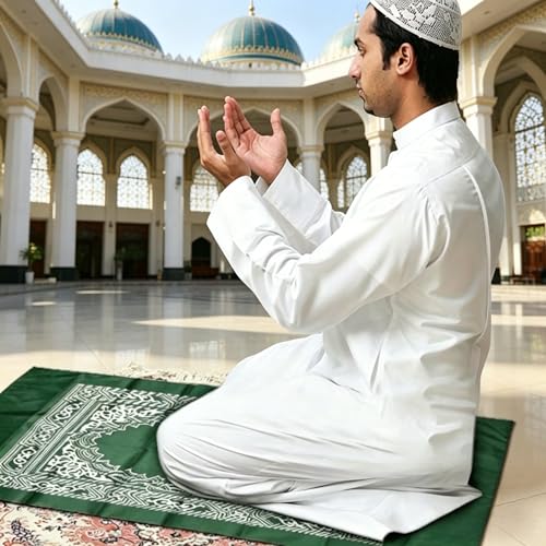 Portable Polyester Prayer Mat for Muslims Square Unnapped Woven Fabric Compass Machine Washable Green