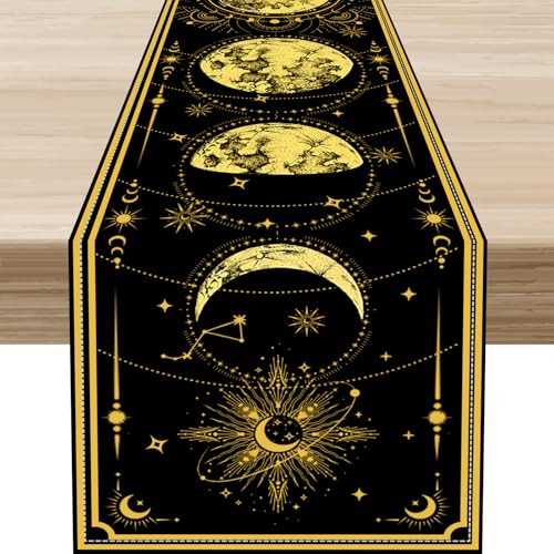 Mystical Sun Moon Table Runner, Mystical Tarot Vintage Astrological Golden Stars Print Table Center Decor for Family Kitchen Table Decorations Indoor Outdoor 13x36 inch - color: Moon-4, size: 13x36" Table Runner