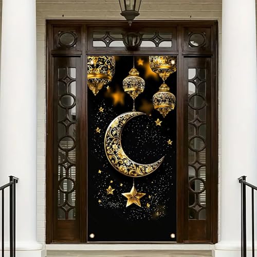 Gold Crescent Moon and Star Door Cover Banner 71x35 Inch Ramadan Eid Door Decoration with Hanging Lanterns and Stars for Home Indoor Outdoor - color: Style 5