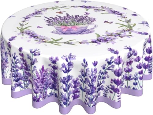 Lavender Flowers Butterfly Tablecloth Spring Summer Round Table Cover Washable Table Cloth for Home Kitchen Party Picnic 60 Inch - color: Lavender Flowers Butterfly