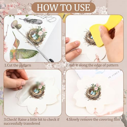 WANDIC 10 Sheets Rub On Transfer Stickers, Bees Birds Decals Fashionable Flower Waterproof Transfers for Furniture Table Water Bottle DIY Craft, 11.8 * 3.9in - color: Hummingbird