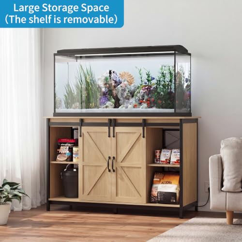 VOWNER Farmhouse 55-75 Gallon Fish Tank Stand with Power Outlet, Natural | Aquarium Stand with Storage Cabinet and Sliding Barn Door, Heavy Duty Reptile Tank Stand, for 2 Tanks, 1000LBS Capacity - color: Natural