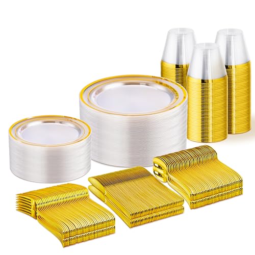 WELLIFE 300 PCS Clear Gold Disposable Dinnerware Set for 50 Guests - color: Clear Gold, size: 50 Guests