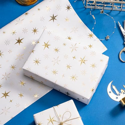 RUSPEPA Eid Wrapping Paper Roll, Mini Roll, White and Gold 3D Embossed Foil Star Design, White Kraft Gift Wrap Paper for Ramadan, Birthday, Wedding, Baby Shower, Holiday, 17 Inches x 16.4 Feet - color: White Gold Foil Star, size: 17 in x 16.4 ft