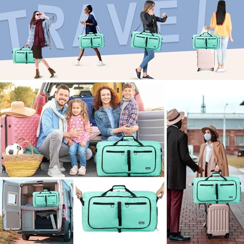 Fmeida 65L Duffle Bag with Shoes Compartment, Foldable Travel Duffel Bags for Men Women, Large Packable Travel Bag Water Repellent & Tear Resistant (Mint Green) - color: Glossy Mint Green