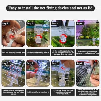 DIY Aquarium Hood 8pcs Aquarium Fish Tank Hood Screen Cover net Clip Holder and 2.15 Feet X 1.73 Feet Aquarium lid top net Kits Suitable for Rimless and rimed Tank