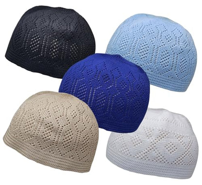 Set 5 Color Muslim Prayer Hat Men Skull Cap AMN-393 Beanie Islam Kufi Peci Hat Crochet Takke Eid Ramadan Gift