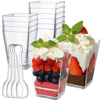 5 oz Plastic Dessert Cups with Spoons 50 Pack, Clear Square Mini Dessert Cups Appetizer Cups Parfait Cups Tumbler Cups for Mousse Puddings, Party Supplies - size: 5 Oz (Pack of 50)