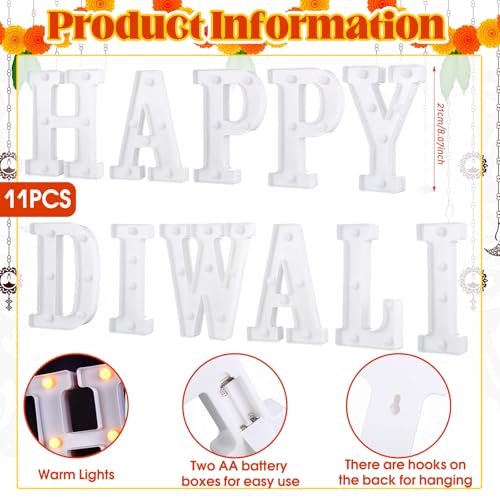 Aurelema 11 Pcs Happy Diwali Decorations Happy Diwali LED Letter Lights Sign Battery Powered Table Decorations for Party Gift - size: 8.27 inches, style: Happy Diwali
