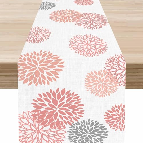 Pink Dahlia Floral Table Runner, Farmhouse Spring Seasonal Boho Dahlia Pinnata Flower Modern Elegant Coffee Table Center Decor for Kitchen Dining Patio Holiday Party Table Decorations, 13"x36" Inch - color: Floral-8, size: 13x36" Table Runner