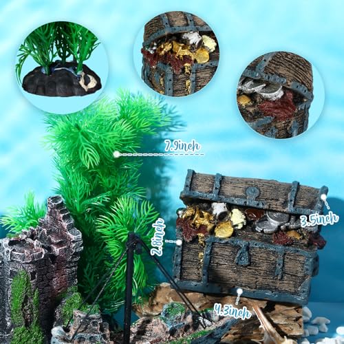 Aquarium Decorations Large Kit Resin Sunken Shipwreck | Undersea Treasure Chest, Ancient Castle Ruins Tunnel House, Simulated Artificial Water Plants, Fish Shrimp Cave Hide, Safe