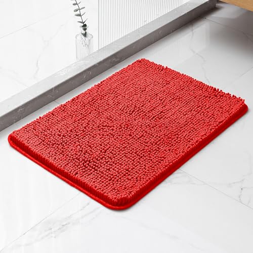 Red Bathroom Rugs 17"x24" - Plush Chenille Non-Slip Bath Mat - Absorbent, Washable, Soft and Thick Decor for Shower, Sink, Kitchen, Tub, Home Accessories - color: Red, size: 17"x24"