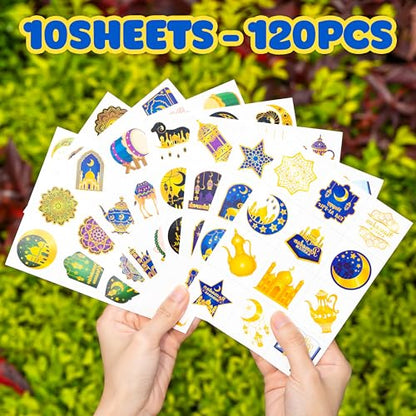 120 PCS Pre-Cut Happy Eid Mubarak Temporary Tattoos for Kids Party Favors | Super Cute Ramadan Al Fitr Themed Birthday Supplies, Decorations, Fake Tattoo Stickers, School Rewards & Gifts Boys & Girls