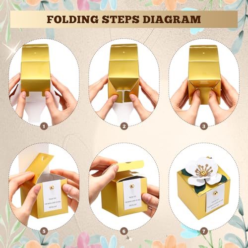Affrolling 50 Pcs Wedding Favor Boxes with Thanks Card Square Flower Candy Boxes Paper Bridal Gift Box for Guests Wedding Bridal Shower Birthday Party Anniversary (Gold) - color: Gold