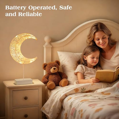 Lewondr Ramadan Decorations Moon Table Lamp, Moon Shape Rattan Ramadan Desk Lamp Battery Powered Light, Winding Thread LED Crescent Light for Home Bedroom Bedside Desktop Eid Mubarak Decorations - style: Warm White Moon