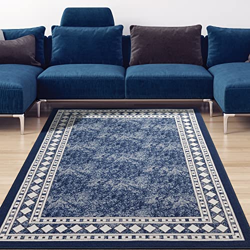Antep Rugs Alfombras Modern Bordered 8x10 Non-Skid (Non-Slip) Low Profile Pile Rubber Backing Indoor Area Rugs (Navy Blue, 7'10" x 10') - color: Navy Blue, size: 7'10" x 10' (Rectangular)
