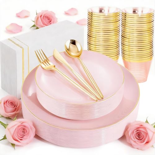 MirthMood 210PCS Pink Plastic Plates with Gold Rim – Plastic Plates Set Includes 30 Dinner,30 Dessert Plate,30 Cup&30 Napkins 90 Gold Silverware for Wedding & Birthday & Party - color: Pink, size: 210