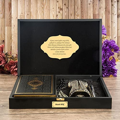 Islamic Gift Set For Men | Quran, Figurine, Tasbih, Prayer Rug and Pen in Customizable Wooden Box | Muslim Birthday Wedding Graduation Gift | Eid Ramadan Gift, Black