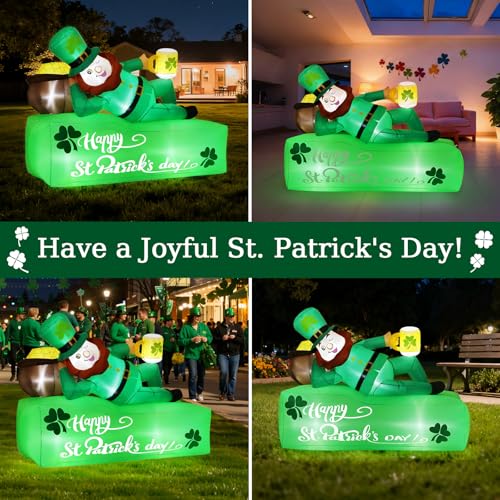 Lewondr 5.9FT St Patricks Day Inflatable Outdoor Decorations, Inflatable Leprechaun Lay on the Bed with Shamrocks, Blow up Yard Decoration with 6 Build-in Lights for Holiday Party Yard Lawn Garden - style: Leprechaun