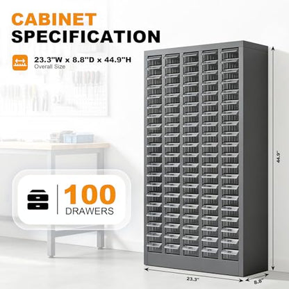 100 Drawers Bolt and Nut Tool Storage Cabinet Parts Cabinet Hardware Organization Shelves Bolts Bin Tool with PS Material Drawer Label Stickers for Tool Hardware Storage, Grey