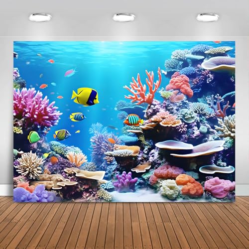 7x5FT Under The Sea Backdrop Underwater World Colorful Marine Coral Tropical Fishes Aquarium Photography Background Baby Shower Kids Birthday Party Decorations Banner Photo Booth Props - size: 7x5FT