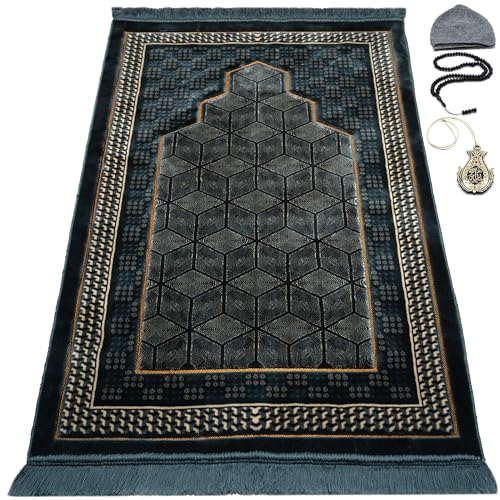 Modefa Turkish Islamic Velvet Prayer Rug - Thick & Wide Soft Carpet for Men & Women - Double Plush Large Janamaz - Eid & Ramadan Gift - with Kufi, Beads & Car Hanger - Geometric Noor (Ice Blue) - color: Ice Blue