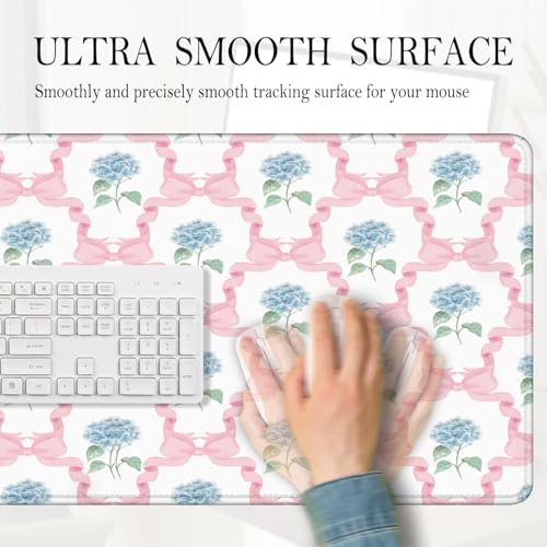 Blue Hydrangea Large Mouse Pad 31.5x15.7inch, Trendy Coquette Pink Bow Flower Aesthetic Large Extended Computer Desk Mat Mousepad for Keyboard and Mouse, Preppy Desk Accessories - color: Color 10