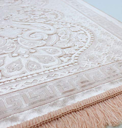 Modefa Luxury Velvet Prayer Rug with Prayer Beads | Soft Elegant Muslim Turkish Janamaz Sajada Carpet for Men and Women | Plain Solid Prayer Mat Ramadan Eid Gift - Paisley (Blush Pink) - color: Blush Pink