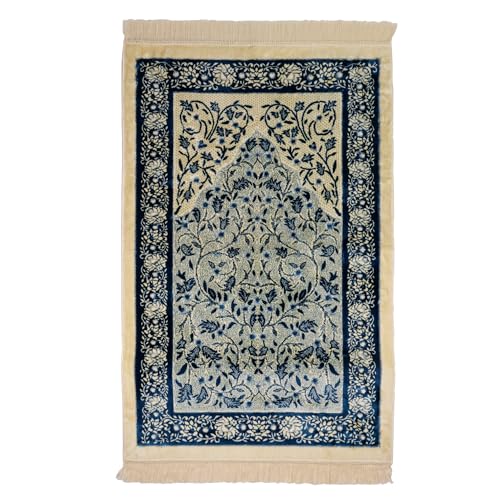 Velvet Muslim Prayer Rug Set with 99 Beads - Blue | Soft Plush Pile, Intricate Dense Floral Embroidery, Turkish Praying Carpet, Stable Non-Slip Base, Ramadan Gift, with Beads - color: Blue