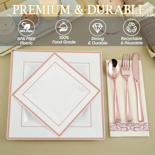 FOCUSLINE 175 Count Rose Gold Dinnerware Set for 25 Guests - Square Plastic Plates with Rose Gold Rim, Includes 25 Disposable Dinner & Dessert Plates, Napkins, Cups, Cutlery Set for Wedding Parties - color: Rose Gold Rim Square Plates