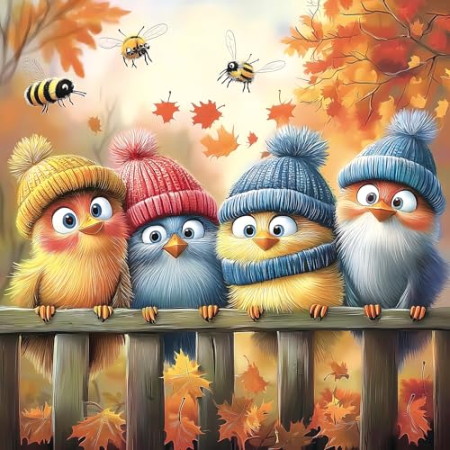 Autumn Birds 500 Piece Jigsaw Puzzle for Adults Cute Fall Nature Landscape Cartoon Baby Birds with Winter Hats Family Challenging Puzzle with Letters on Back Perfect for Game Night (23"X15") - color: Autumn Birds