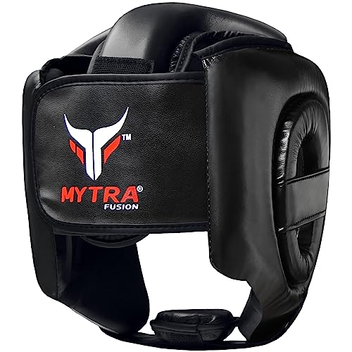 Mytra Fusion Boxing Headgear MMA Headgear Martial Arts Sparring Gear Headgear for Kickboxing, Muay Thai and Karate Training (Black, S/M)