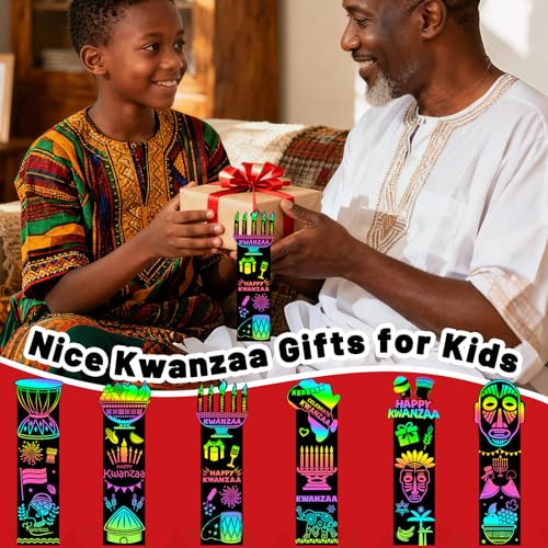 JUNEBRUSHS 30Pcs Kwanzaa Crafts for Kids, Rainbow Magic Scratch Art Paper Bookmarks Kwanzaa Gifts for Kids School Classroom Activities Games DIY Arts and Crafts Kit Party Favors - style: Kwanzaa Style