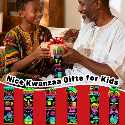 JUNEBRUSHS 30Pcs Kwanzaa Crafts for Kids, Rainbow Magic Scratch Art Paper Bookmarks Kwanzaa Gifts for Kids School Classroom Activities Games DIY Arts and Crafts Kit Party Favors - style: Kwanzaa Style
