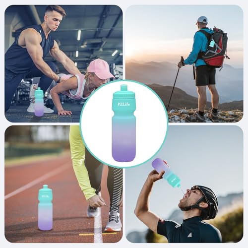 24oz Bike Squeeze Water Bottle, BPA Free Cycling Water Bottle,Leakproof, with Capacity Scale w/Pull Top Lid, Reusable Sport Water Bottle, for Bicycle, Gym,Running - color: y-Blue+Purple