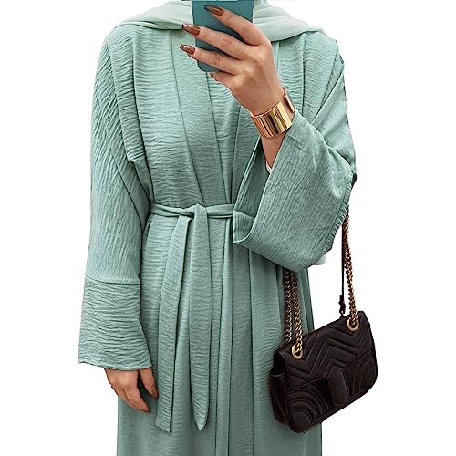 2PCS Women's Muslim Dresses Abaya Islamic Dubai Prayer Dress Robe Long Cardigan Maxi Dress - color: Light Green, size: Large
